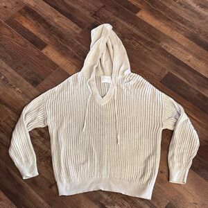 Elegant Cream Hooded V-Neck Sweater